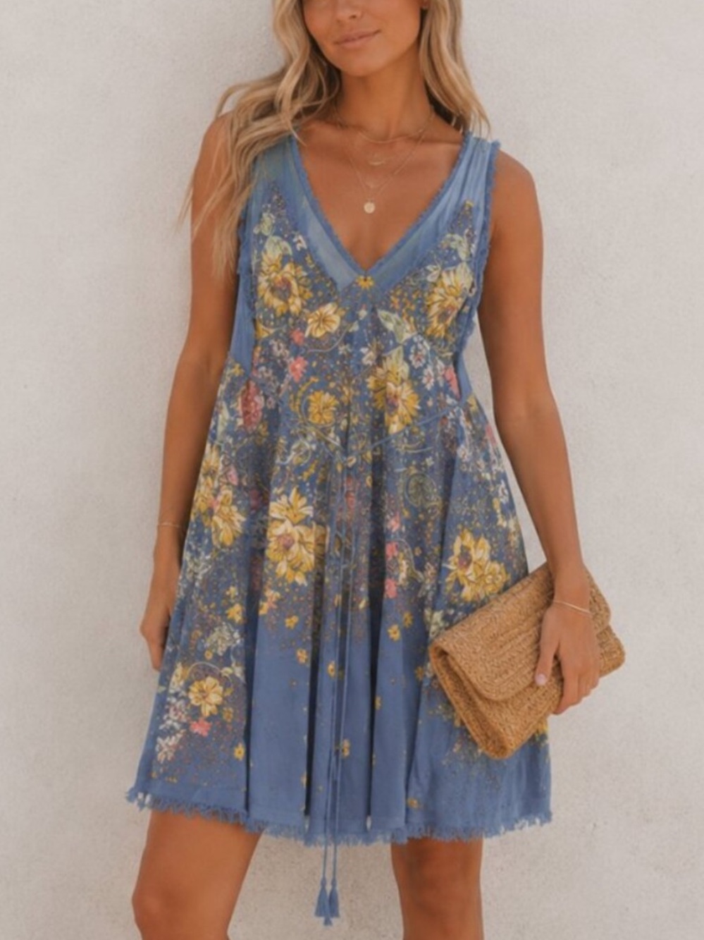 Free People Blue Floral V-Neck Mini Dress